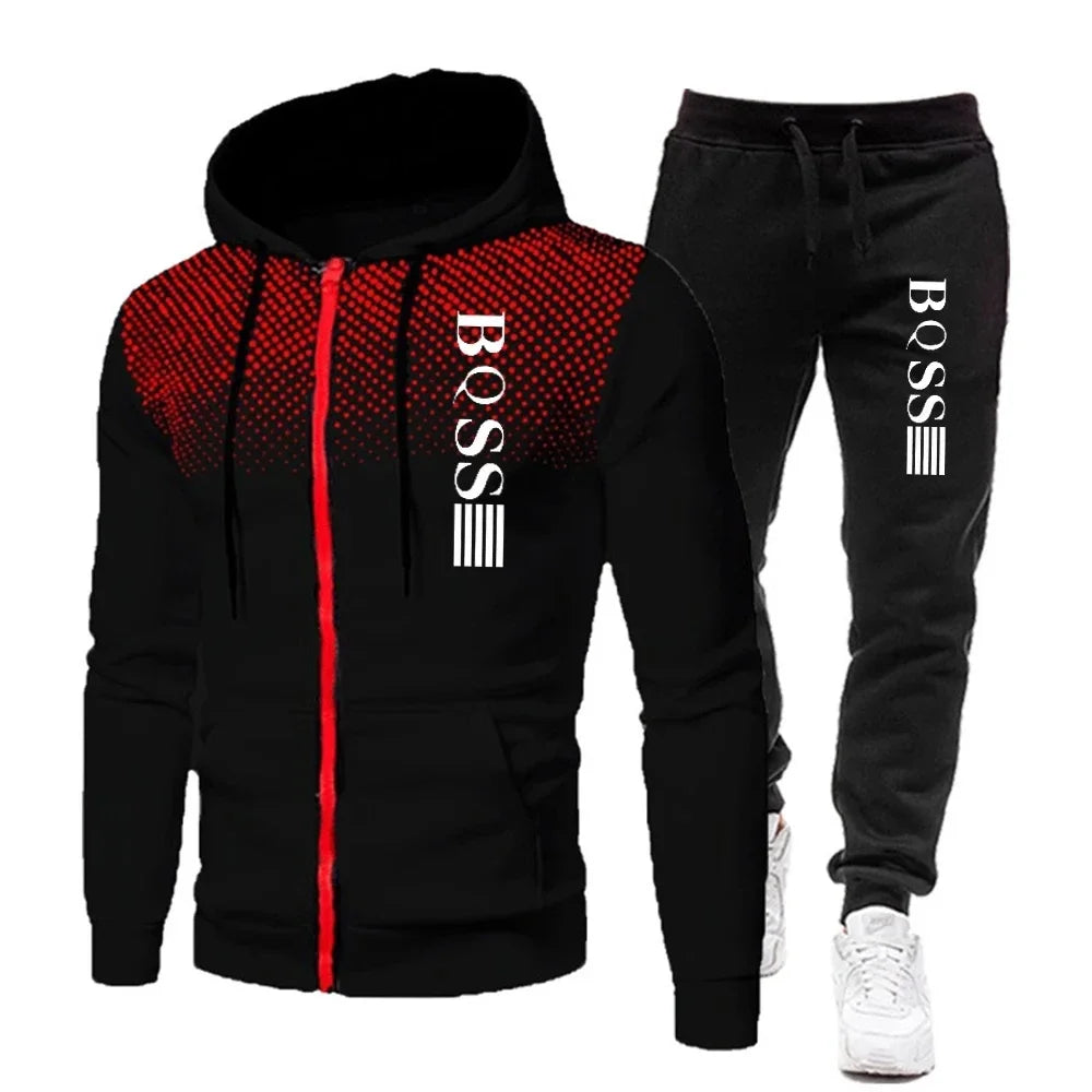 Fashion Print Tracksuit for Men Zipper Hooded Sweatshirt and Sweatpants Two Pieces Suits Male Casual Fitness Jogging Sports Sets - SMSB 66