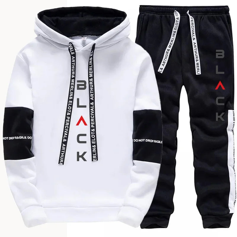 Black Letter Print Hoodie Sweatpants Urban Casual Fashion Men's Tracksuit Autumn Winter Home Outdoor Comfort Warm Sporty Outfits - SMSB 66