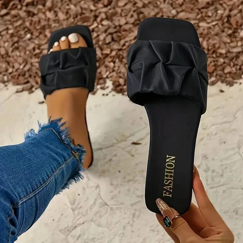 Summer Slippers for Women Flip Flops Flats New Pleated Korean Slippers Women Sandals Green Slip on Shoes Plus Size 35-43 - SMSB 66