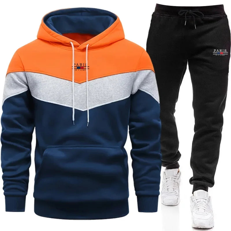 Paris Fashion Men Casual Sportswear Set Hooded Sweatshirt Winter Jogger Tracksuit Autumn Urban Trendy Hoodies Black Sweatpants - SMSB 66