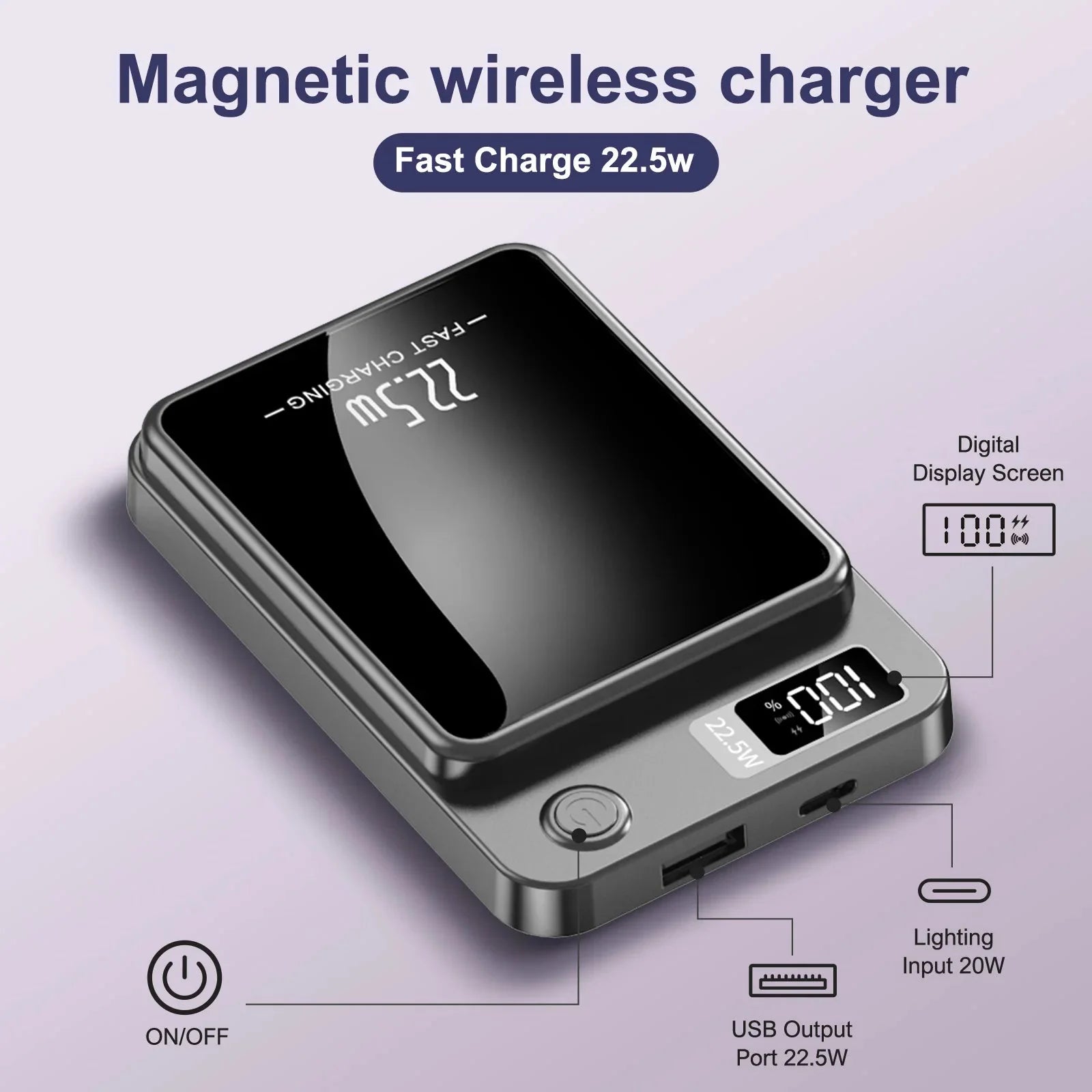 10000mAh magnetic charger power bank with wireless 22.5W fast charging, foldable stand, LED digital display, USB-C and double USB output for iPhone and Android devices