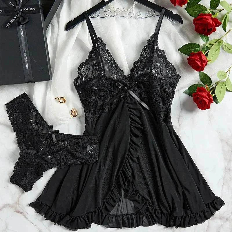 Pink Sweet Nightgown Female Elegant Sleep Dress Hot V-neck Bra Transparent Milk Silk Underwear Women's Pajamas With Panties Set - SMSB 66