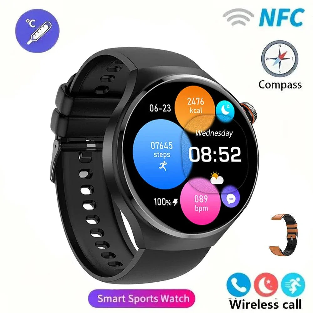 NFC men's smart watch with 1.43-inch AMOLED display, heart rate monitor, Bluetooth call, and fitness tracking features
