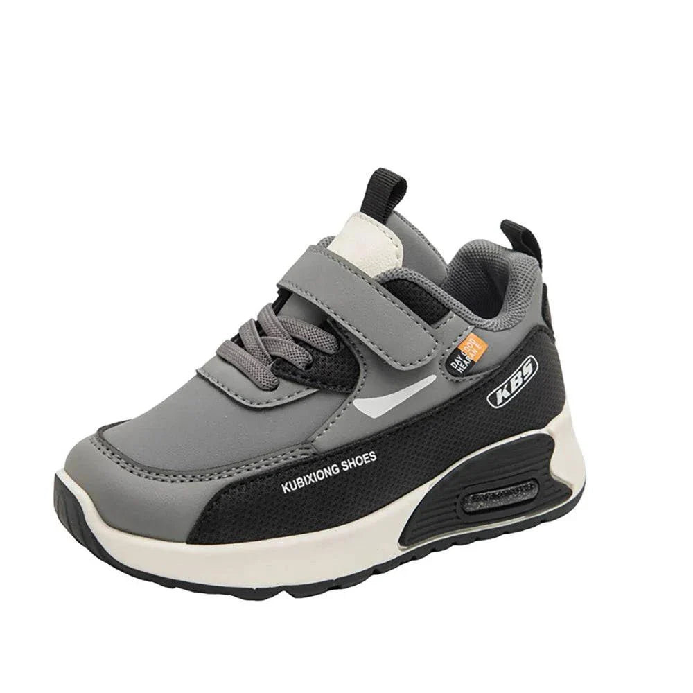 Grey PU leather sport shoe for children with soft sole and hook & loop closure