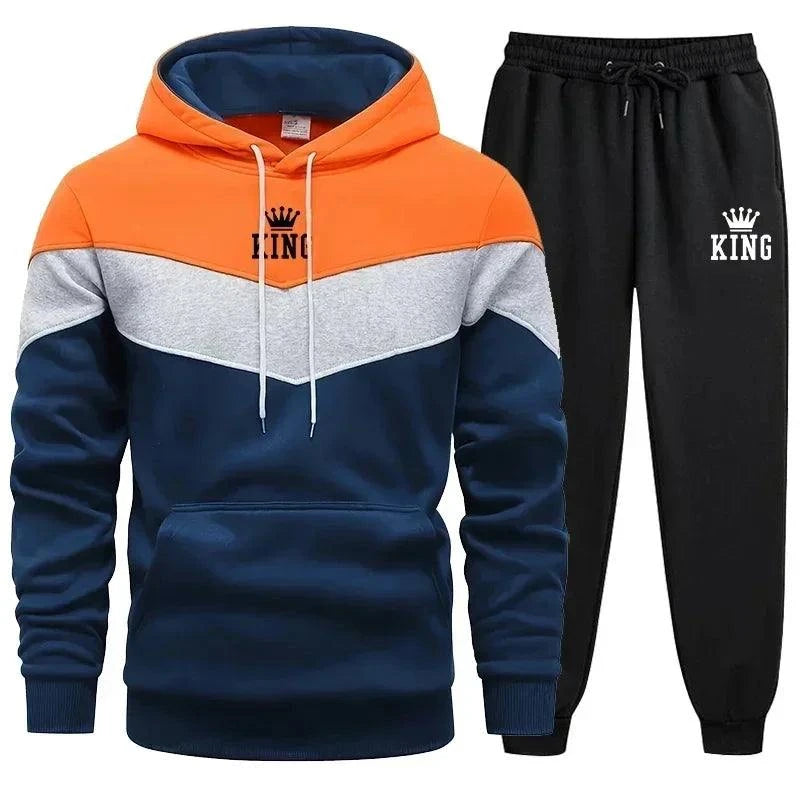 Mens Tracksuit King Printing Sports Suit Sports Hoodie+Pants 2 Piece Suit Casual Sweatshirt Suit Jogging Men's Splicing Clothing - SMSB 66