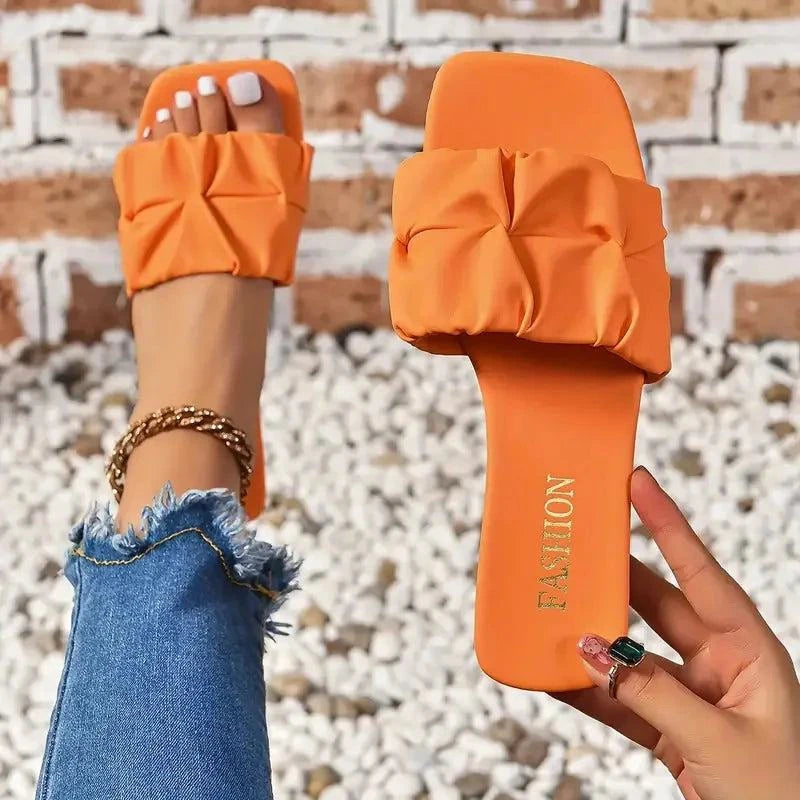 Summer Slippers for Women Flip Flops Flats New Pleated Korean Slippers Women Sandals Green Slip on Shoes Plus Size 35-43 - SMSB 66
