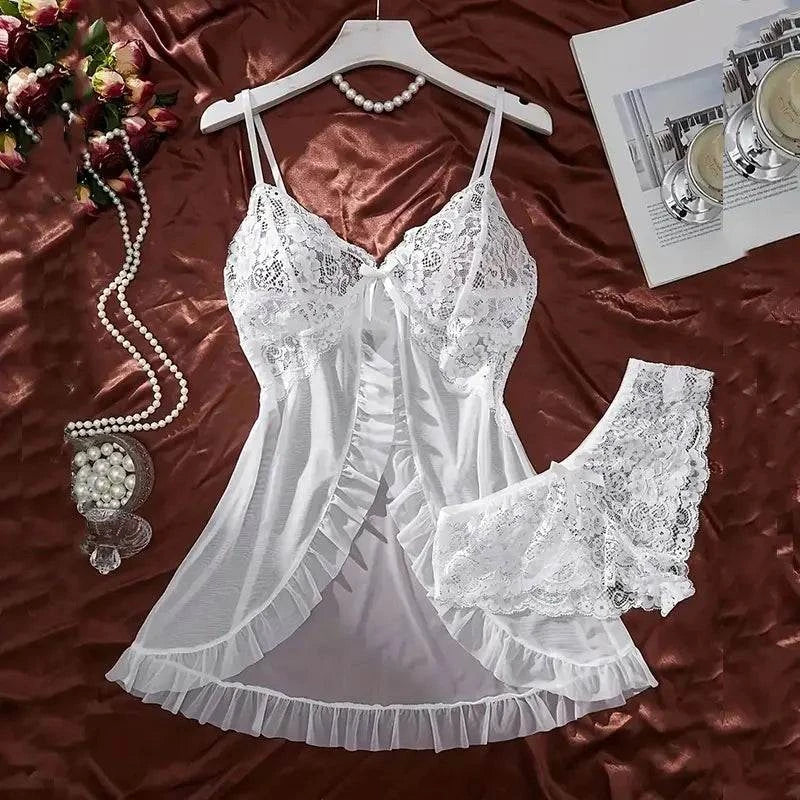 Women Sexy Nightdress Lace Chemise Bow Nightgown Sleepwear Mini Dress Deep V Babydoll Lingerie Sexi Sleepdress Nighty - SMSB 66