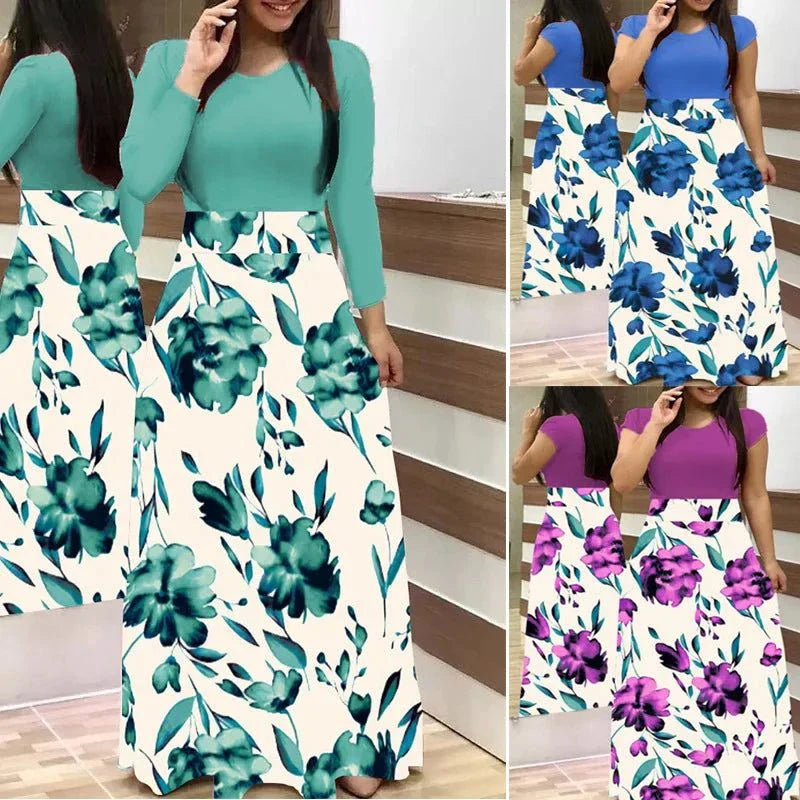 European and American style long sleeved floral print swing dress for women in green, blue, and purple color options