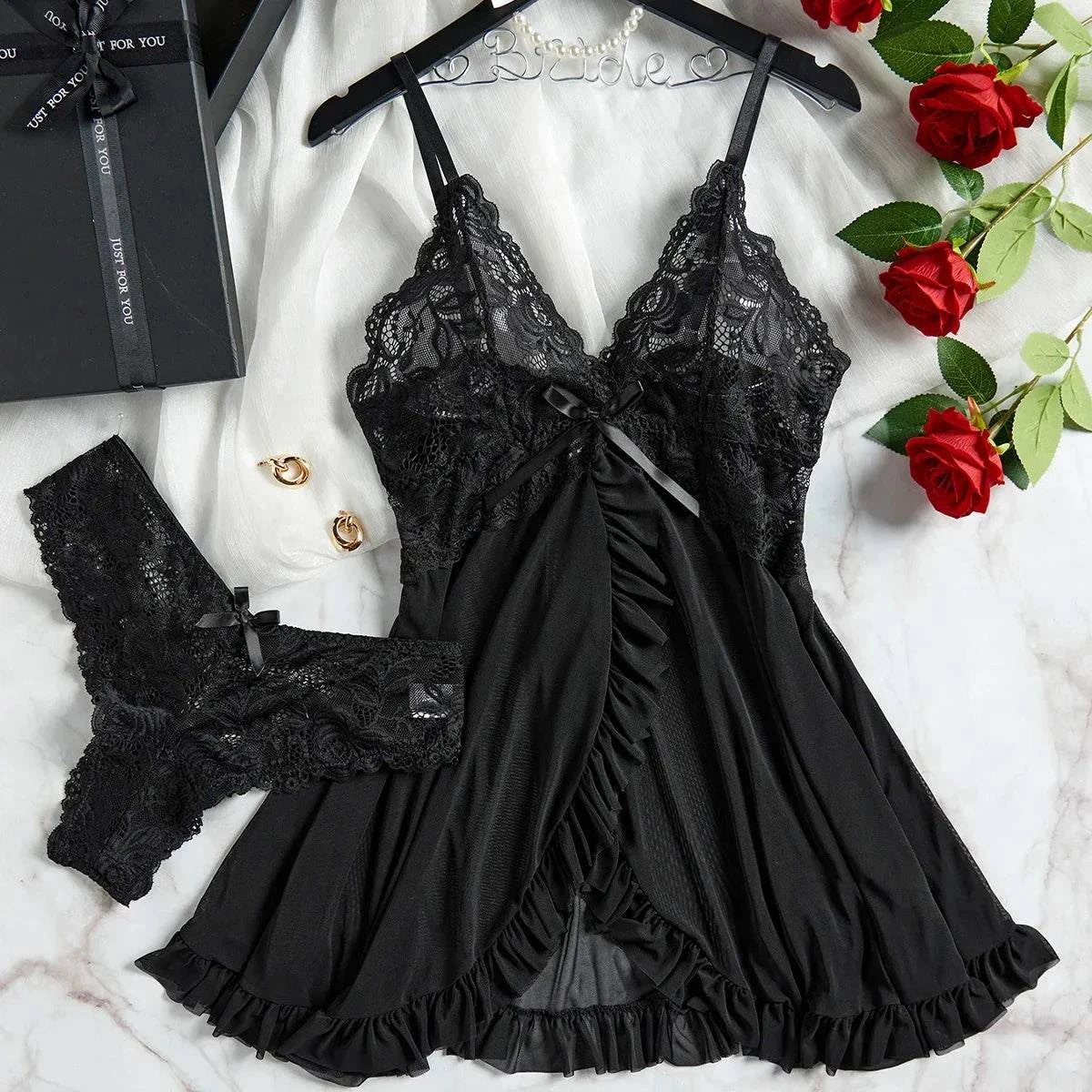 Women Sexy Nightdress Lace Chemise Bow Nightgown Sleepwear Mini Dress Deep V Babydoll Lingerie Sexi Sleepdress Nighty - SMSB 66