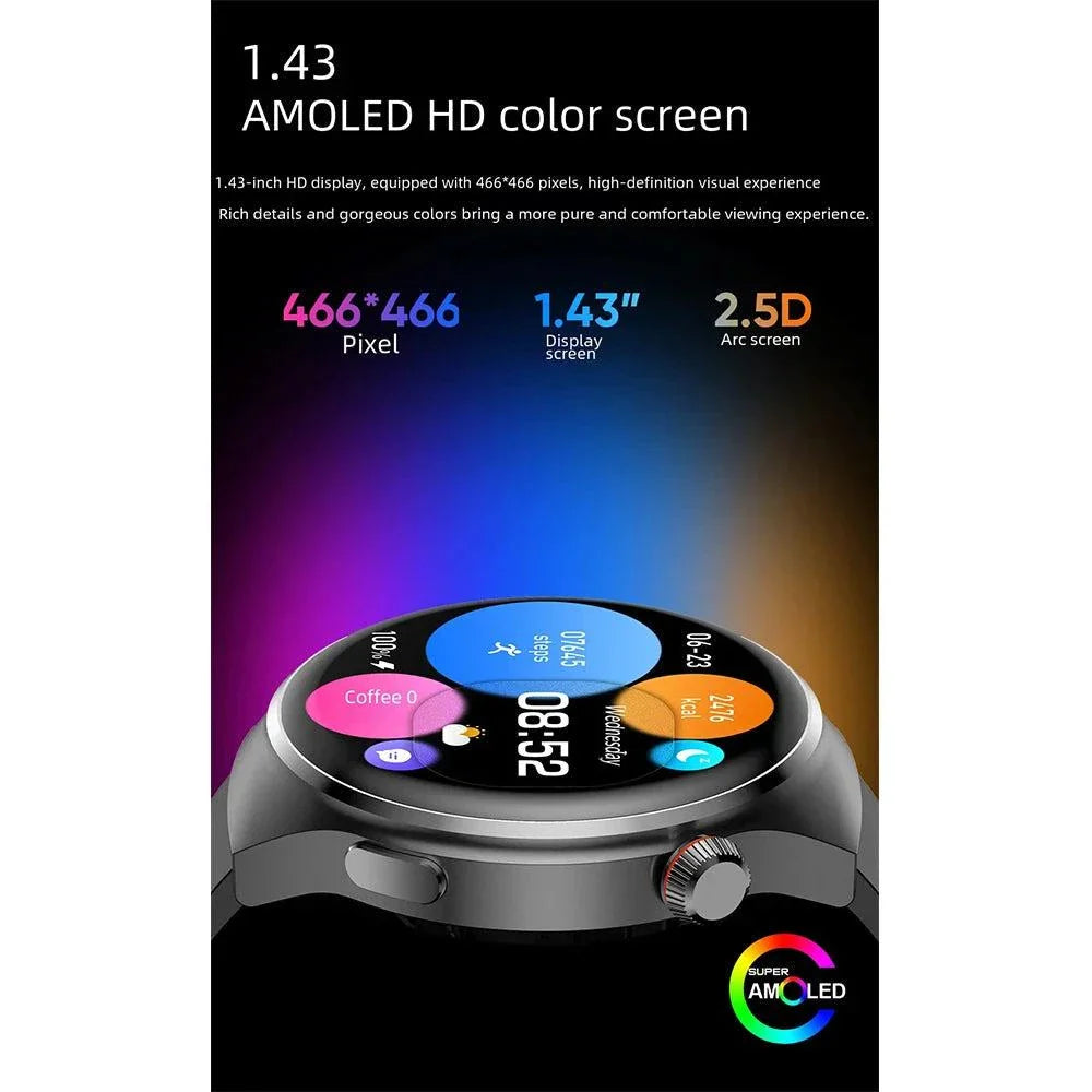 NFC men's smartwatch with 1.43-inch AMOLED HD color screen and 466x466 resolution.