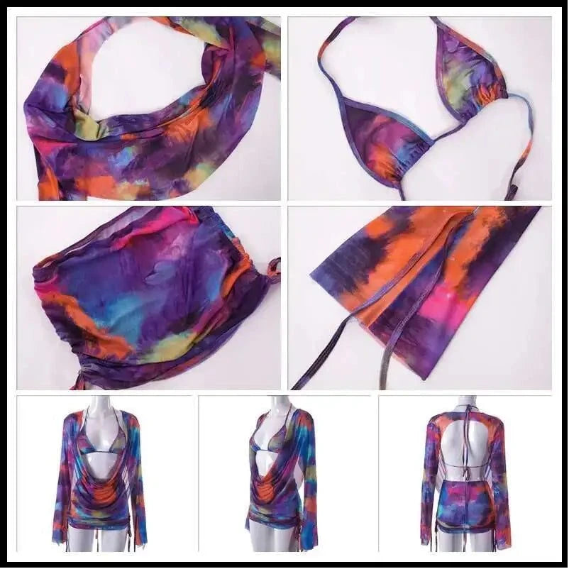 Townlike Sexy 3 Pieces Set Women Long Sleeve Crop Top And Mini Skirts And Bra Slim Three Piece Set 2023 Spring Summer Outfits - SMSB 66