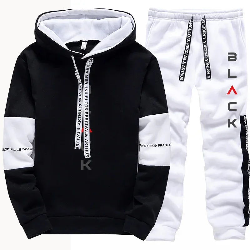 Black Letter Print Hoodie Sweatpants Urban Casual Fashion Men's Tracksuit Autumn Winter Home Outdoor Comfort Warm Sporty Outfits - SMSB 66