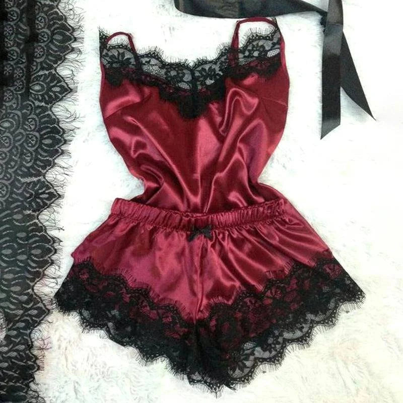 Fashion Nightwear Lace Trim Satin Cami Top Pajama Sets Sexy Hot Erotic Home Wear Women Pajamas Women Sleepwear Sleeveless Strap - SMSB 66