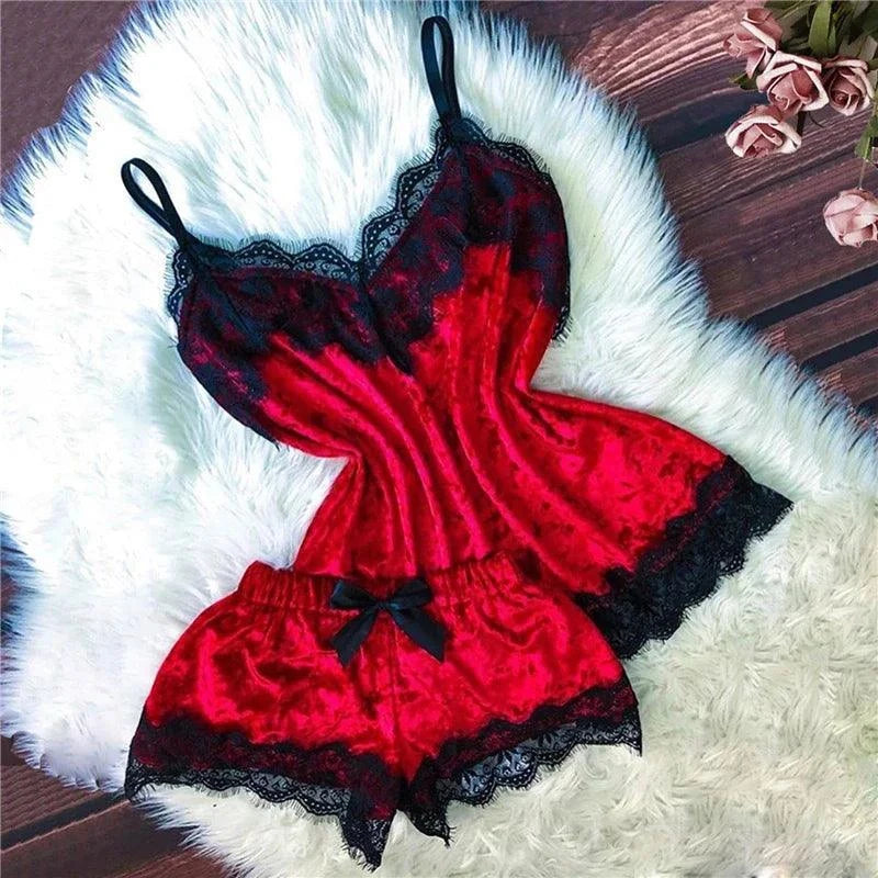 Sexy Lingerie Women Sleep Wear Camisole Bow Shorts V-Neck Tops Velvet Pajamas Sleepwear пижама женская Hot - SMSB 66