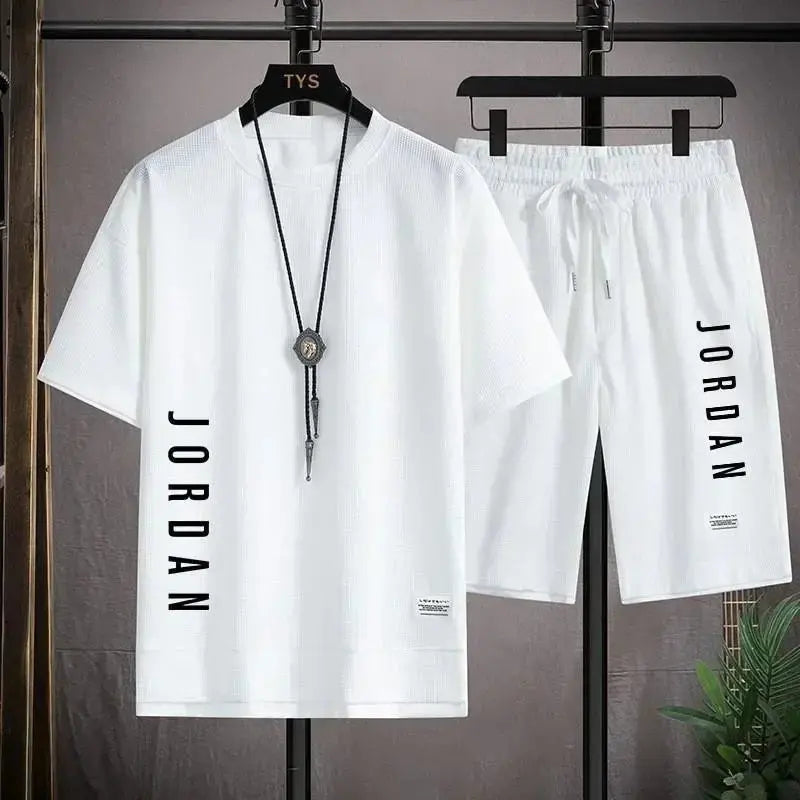 2025 Elegant casual T-shirt and shorts set for men's sports suit loose and comfortable summer waffle set for men SMSB 66