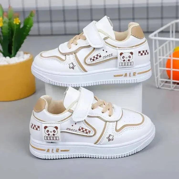 White and beige children's sneakers with panda and star designs, soft EVA sole, polyester upper, Velcro strap, and laces for kids aged 7-13 years