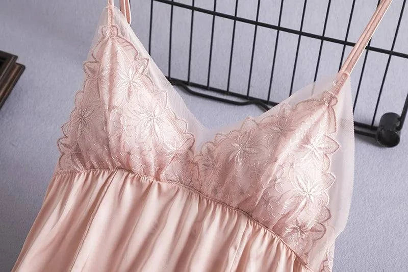 Summer Sexy Strap Nightdress Women Chemise Nightgown Lace Bathrobe Sleepwear Dressing Gown Lingerie Satin Dress Loungewear - SMSB 66