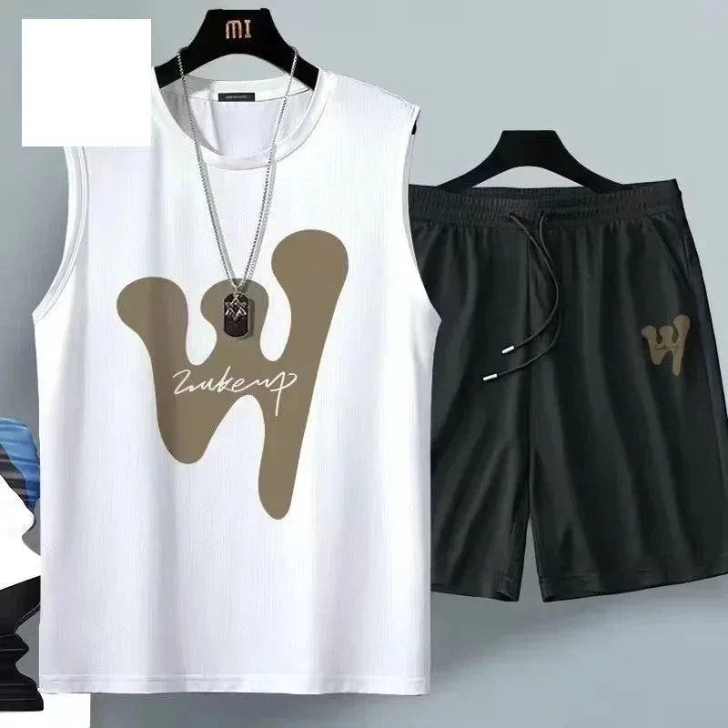 2024 Summer Men Clothing Harajuku Breathable fashion Sportswear Basketball suit casual short-sleeved T-shirt + shorts 2-piece - SMSB 66