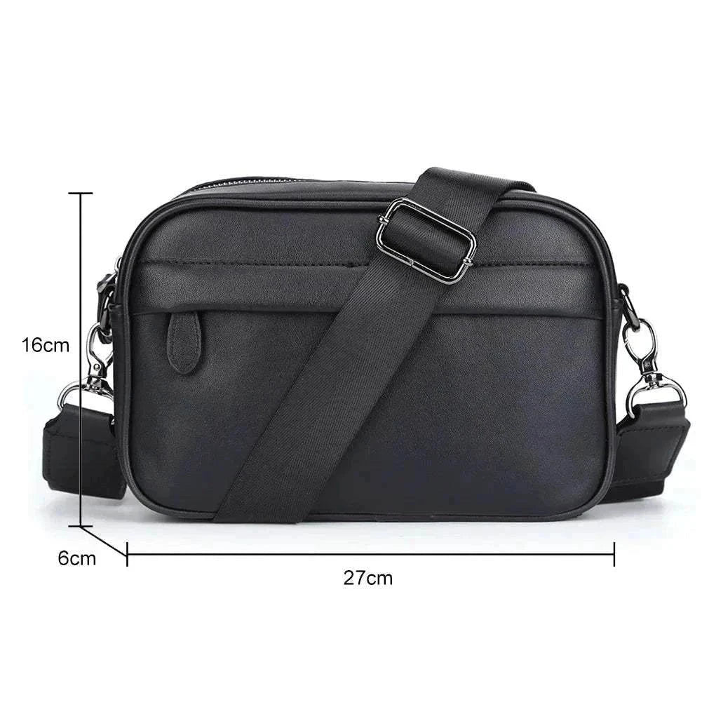 Black PU leather business shoulder bag for men with adjustable strap and zipper closure, dimensions 27x16x6 cm.