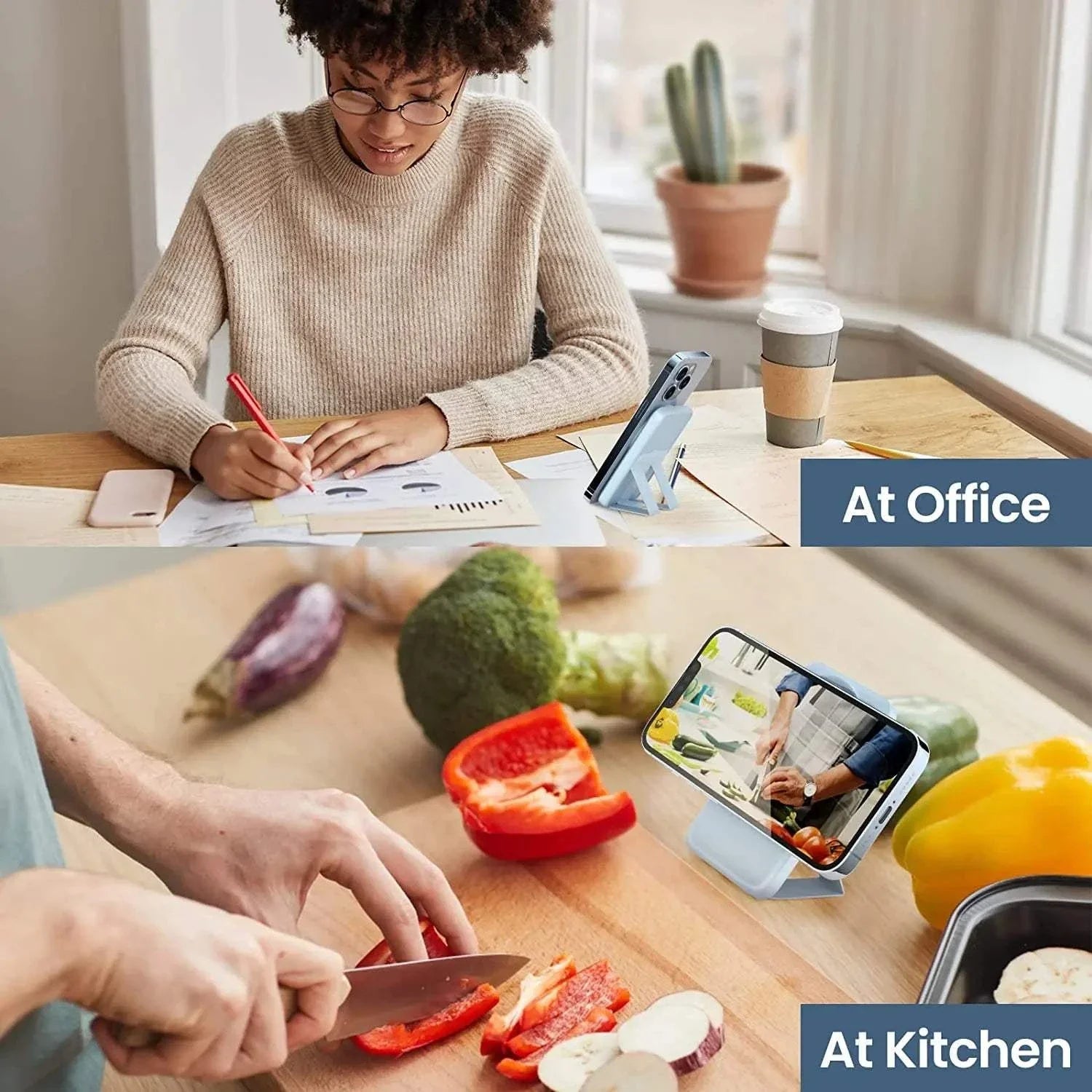 Magsafe Power Bank 5000mAh magnetic wireless charger supporting 20W fast charging for iPhone, shown in office and kitchen use scenarios