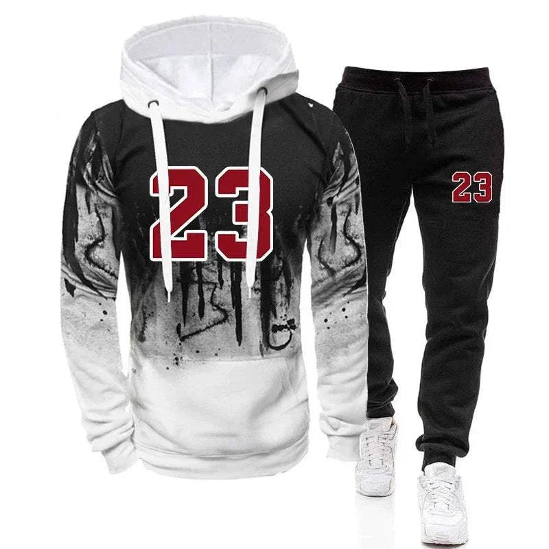 Men's casual hoodies jogging sweatshirts set with number 23 print, polyester, autumn winter sportswear