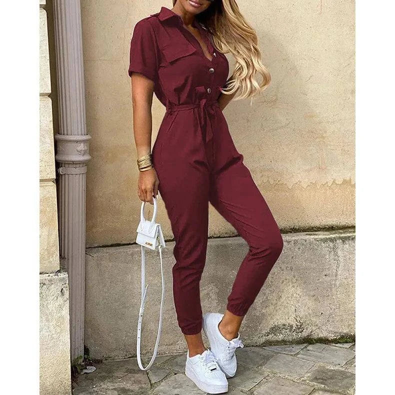 Women's Monochromatic Belt Workwear Jumpsuit, Casual Pants, Flip Collar, Buckle, European and American, Summer, 2024 - SMSB 66