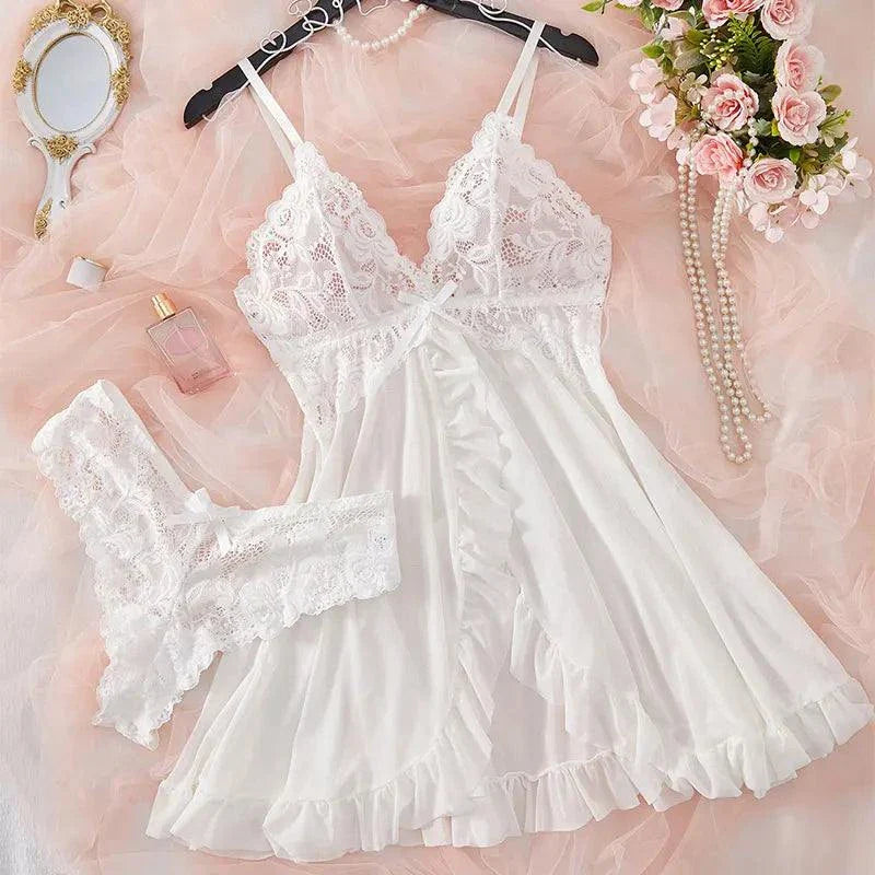 Pink Sweet Nightgown Female Elegant Sleep Dress Hot V-neck Bra Transparent Milk Silk Underwear Women's Pajamas With Panties Set - SMSB 66