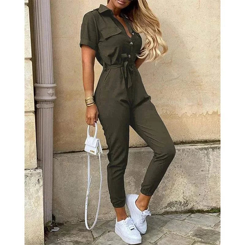 Women's Monochromatic Belt Workwear Jumpsuit, Casual Pants, Flip Collar, Buckle, European and American, Summer, 2024 - SMSB 66