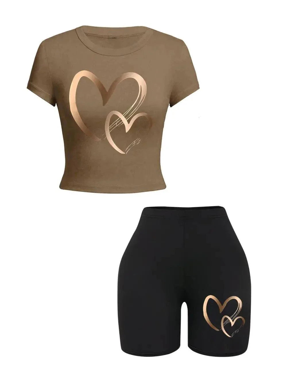Summer women slim-fit crop t-shirt and shorts set with heart prints and high elastic knit fabric