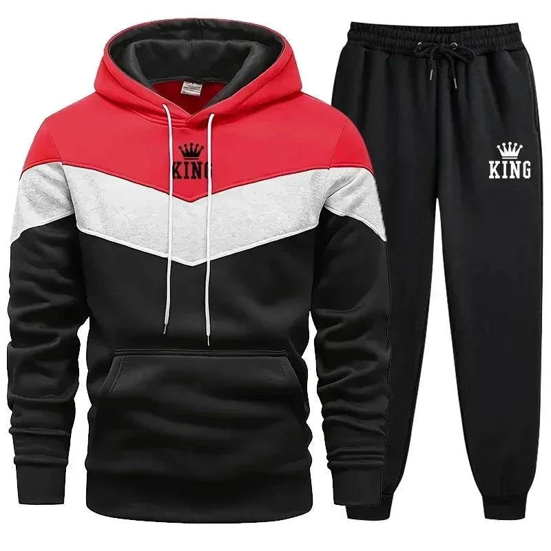 Mens Tracksuit King Printing Sports Suit Sports Hoodie+Pants 2 Piece Suit Casual Sweatshirt Suit Jogging Men's Splicing Clothing - SMSB 66