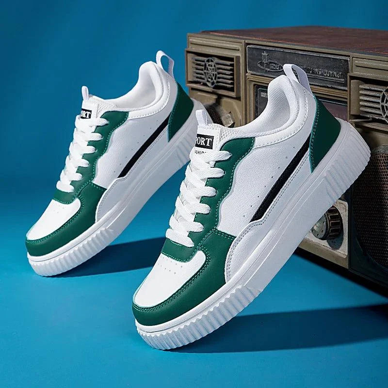 Lightweight breathable green and white women unisex skateboarding sneakers with lace-up closure