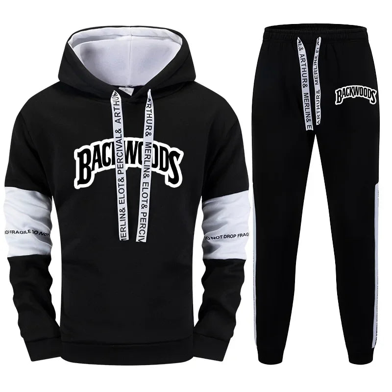 Men's Tracksuit Casual Print Black White Hooded Sweatshirt Sweatpants Jogging High Quality Hot Sales Versatile Outfits Clothing - SMSB 66