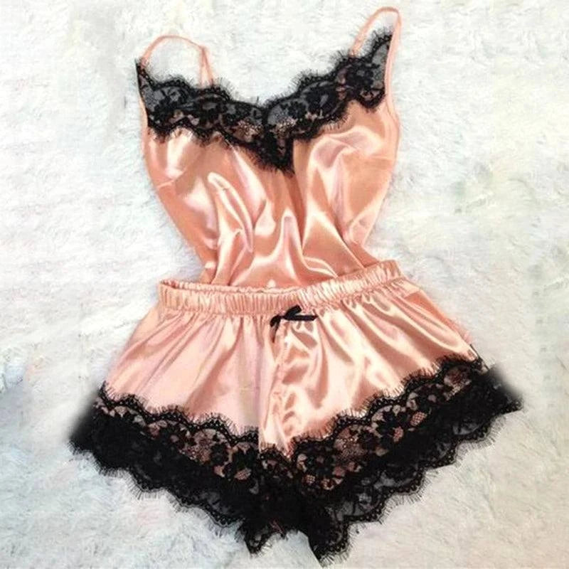 Fashion Nightwear Lace Trim Satin Cami Top Pajama Sets Sexy Hot Erotic Home Wear Women Pajamas Women Sleepwear Sleeveless Strap - SMSB 66