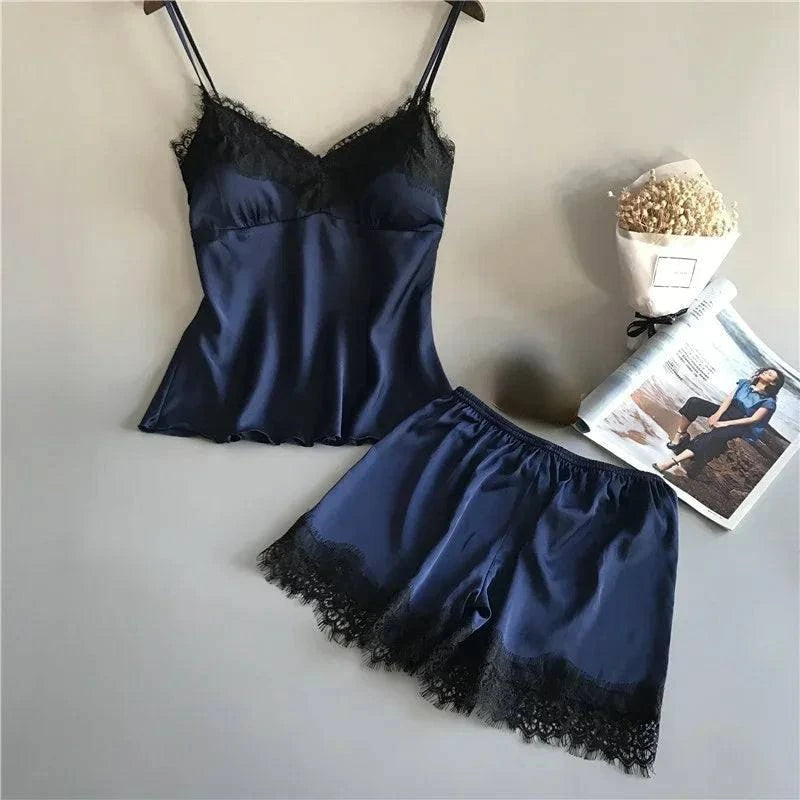 Sexy Lace Pajamas Suit Women V-Neck Sleepwear Lingerie Home Wear Nightwear Summer Casual Suspender Nighties Lounge Sets Clothes - SMSB 66