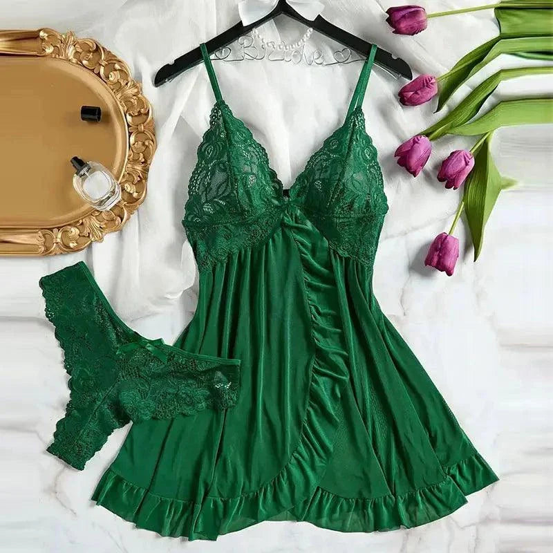 Pink Sweet Nightgown Female Elegant Sleep Dress Hot V-neck Bra Transparent Milk Silk Underwear Women's Pajamas With Panties Set - SMSB 66