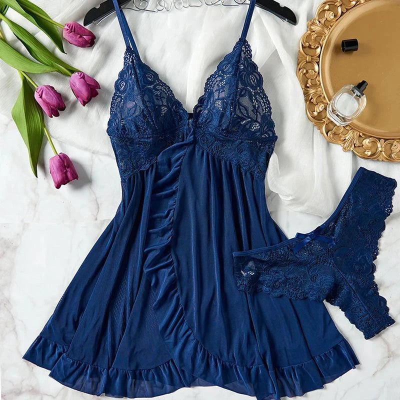 Women Sexy Nightdress Lace Chemise Bow Nightgown Sleepwear Mini Dress Deep V Babydoll Lingerie Sexi Sleepdress Nighty - SMSB 66