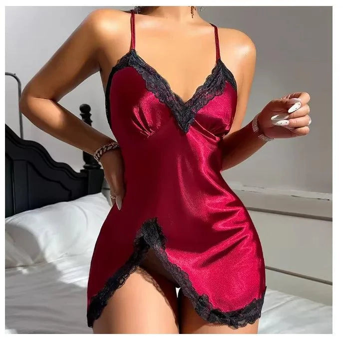 Sexy Backless Mini Female Nightgown Lingerie Summer Chemise Sleepwear Suspender Nightdress White Satin Lace Home Wear Loungewear - SMSB 66