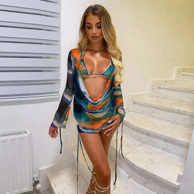 Townlike Sexy 3 Pieces Set Women Long Sleeve Crop Top And Mini Skirts And Bra Slim Three Piece Set 2023 Spring Summer Outfits - SMSB 66