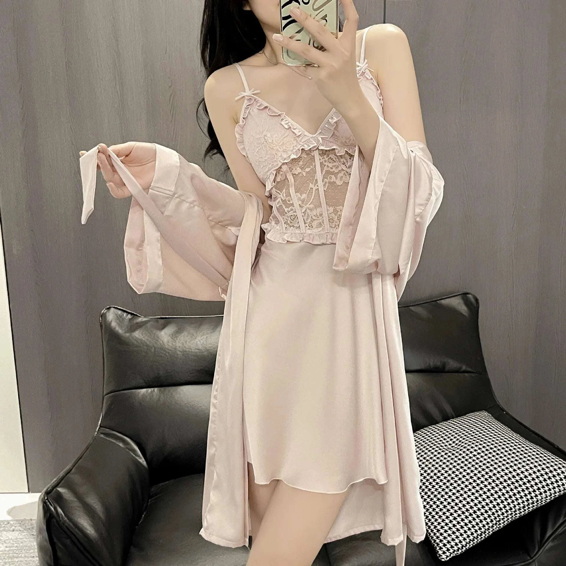 Sexy Sleepwear Women Night Dress Robe Sets Summer Deep V Satin with Chest Pads Lace Dress Home Wear Suits - SMSB 66