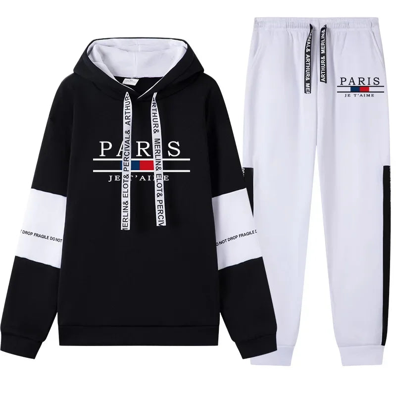 Autumn Winter Men Tracksuit Printing Casual Hooded Sweatshirt+Sweatpants 2 Piece Set Luxury Black White Daily Commuting Clothing - SMSB 66