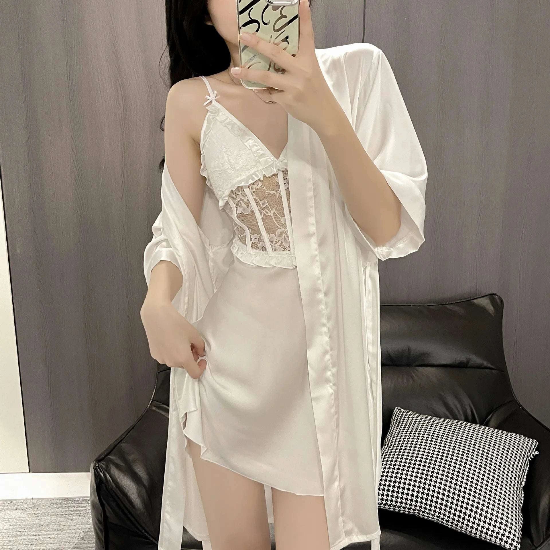 Sexy Sleepwear Women Night Dress Robe Sets Summer Deep V Satin with Chest Pads Lace Dress Home Wear Suits - SMSB 66