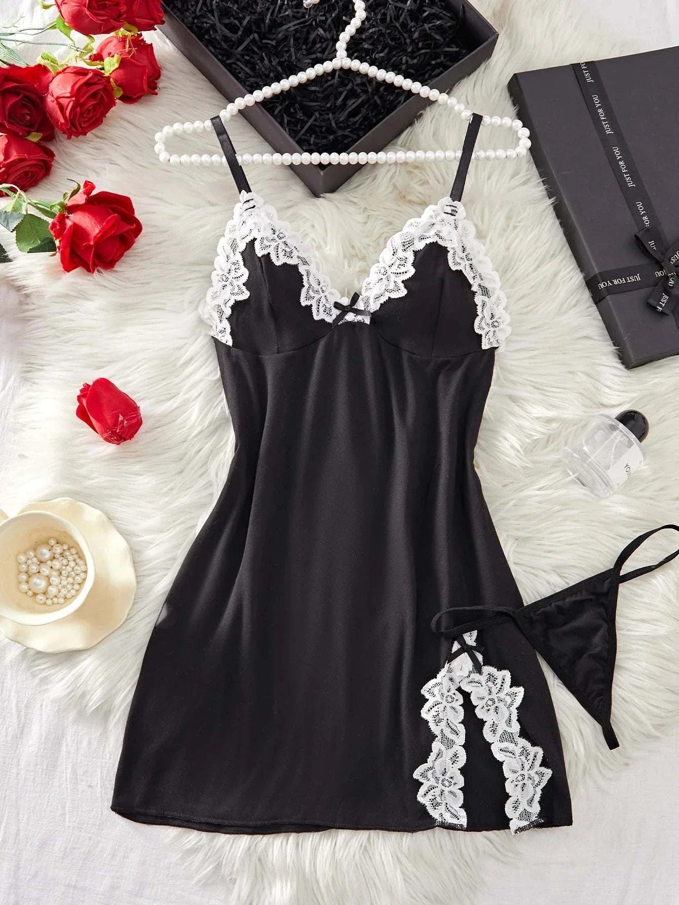 Pink Sweet Nightgown Female Elegant Sleep Dress Hot V-neck Bra Transparent Milk Silk Underwear Women's Pajamas With Panties Set - SMSB 66