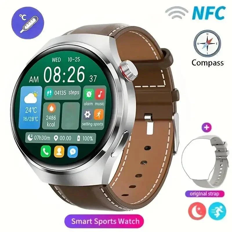NFC men's smart watch with 1.43-inch AMOLED screen, heart rate monitor, compass, and Bluetooth call function