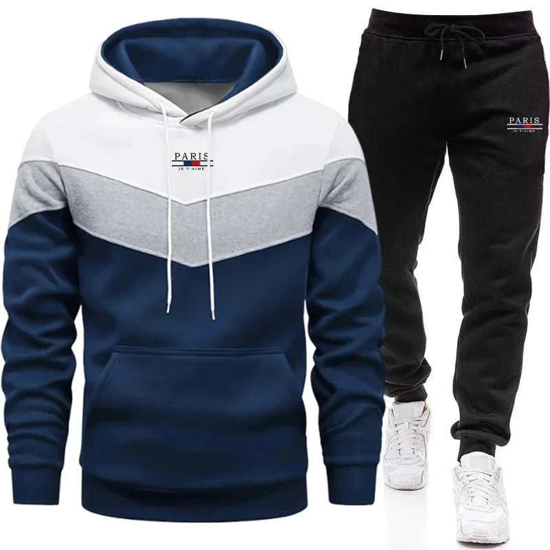 Paris Fashion Men Casual Sportswear Set Hooded Sweatshirt Winter Jogger Tracksuit Autumn Urban Trendy Hoodies Black Sweatpants - SMSB 66