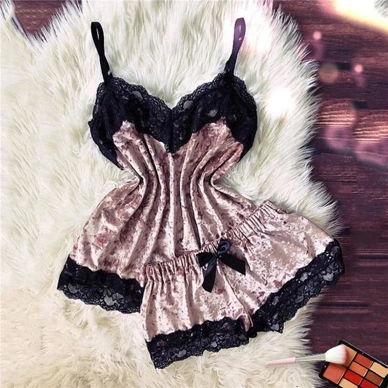 Sexy Lingerie Women Sleep Wear Camisole Bow Shorts V-Neck Tops Velvet Pajamas Sleepwear Women Clothing For Homewear - SMSB 66