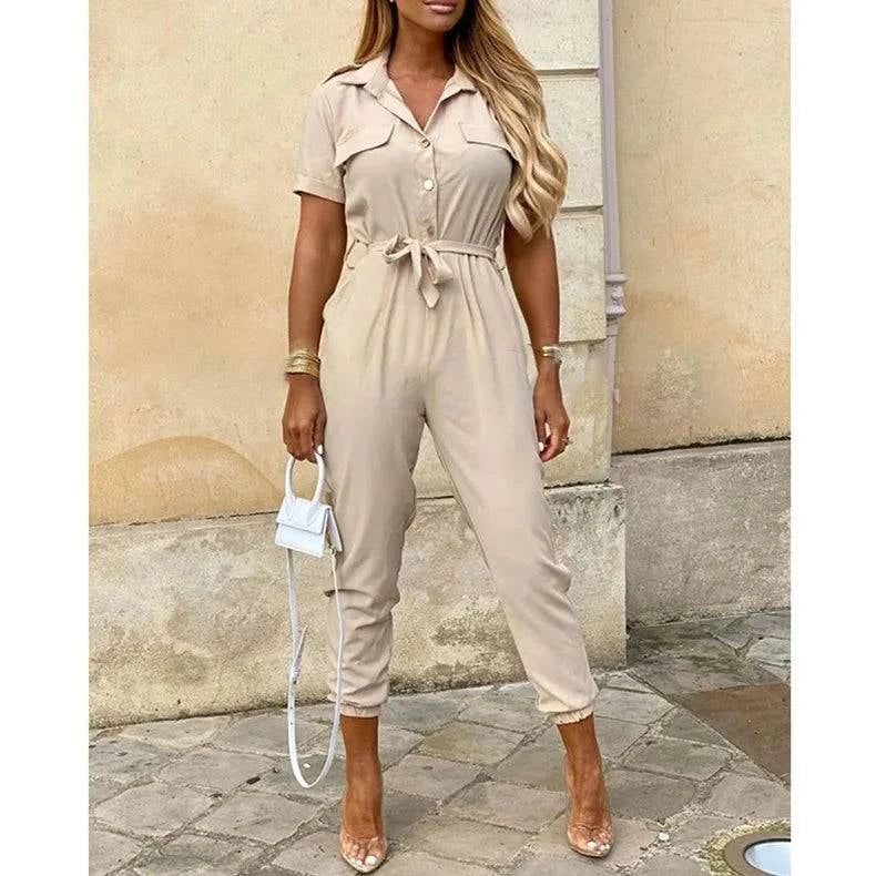 Women's Monochromatic Belt Workwear Jumpsuit, Casual Pants, Flip Collar, Buckle, European and American, Summer, 2024 - SMSB 66