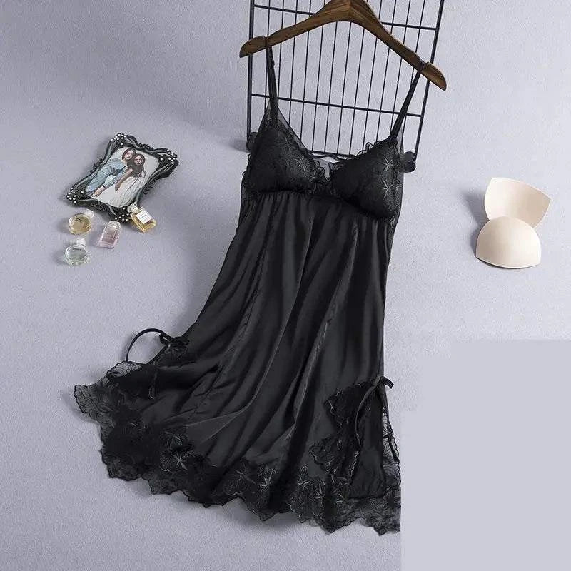 Summer Sexy Strap Nightdress Women Chemise Nightgown Lace Bathrobe Sleepwear Dressing Gown Lingerie Satin Dress Loungewear - SMSB 66