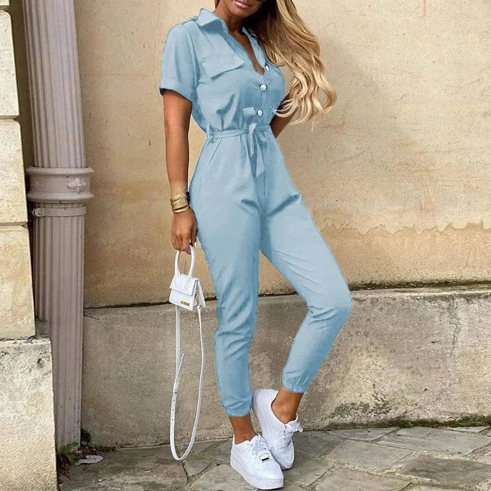 Women's Monochromatic Belt Workwear Jumpsuit, Casual Pants, Flip Collar, Buckle, European and American, Summer, 2024 - SMSB 66