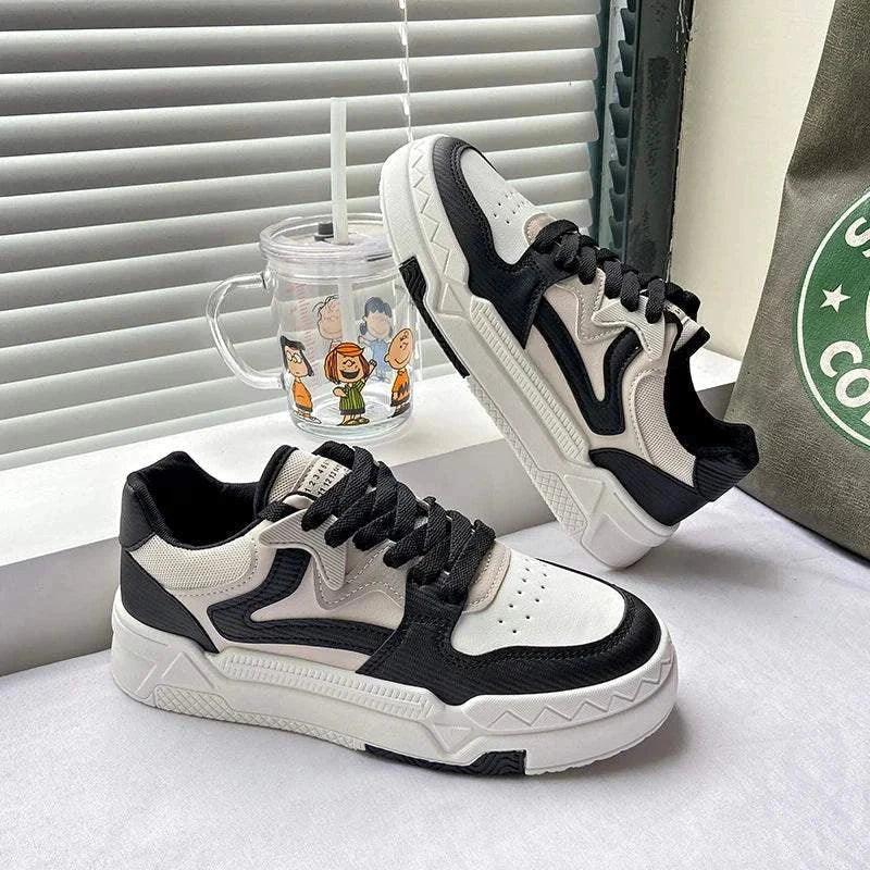 Fashion small white and black women's casual lace-up sneakers with thick soles and low-top design