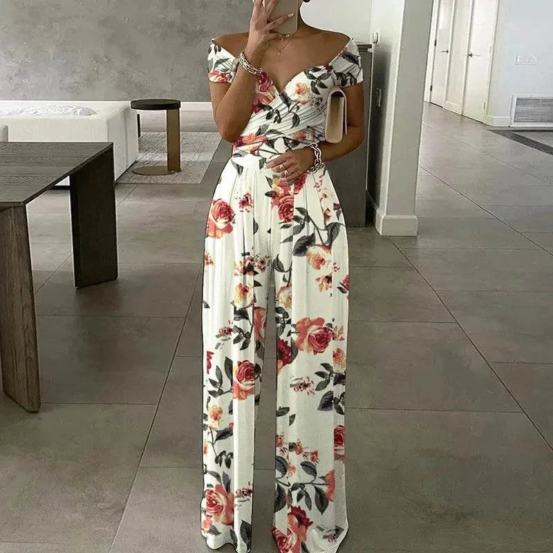 2025 Summer women's fashion temperament trend commuter print wide leg jumpsuit - SMSB 66